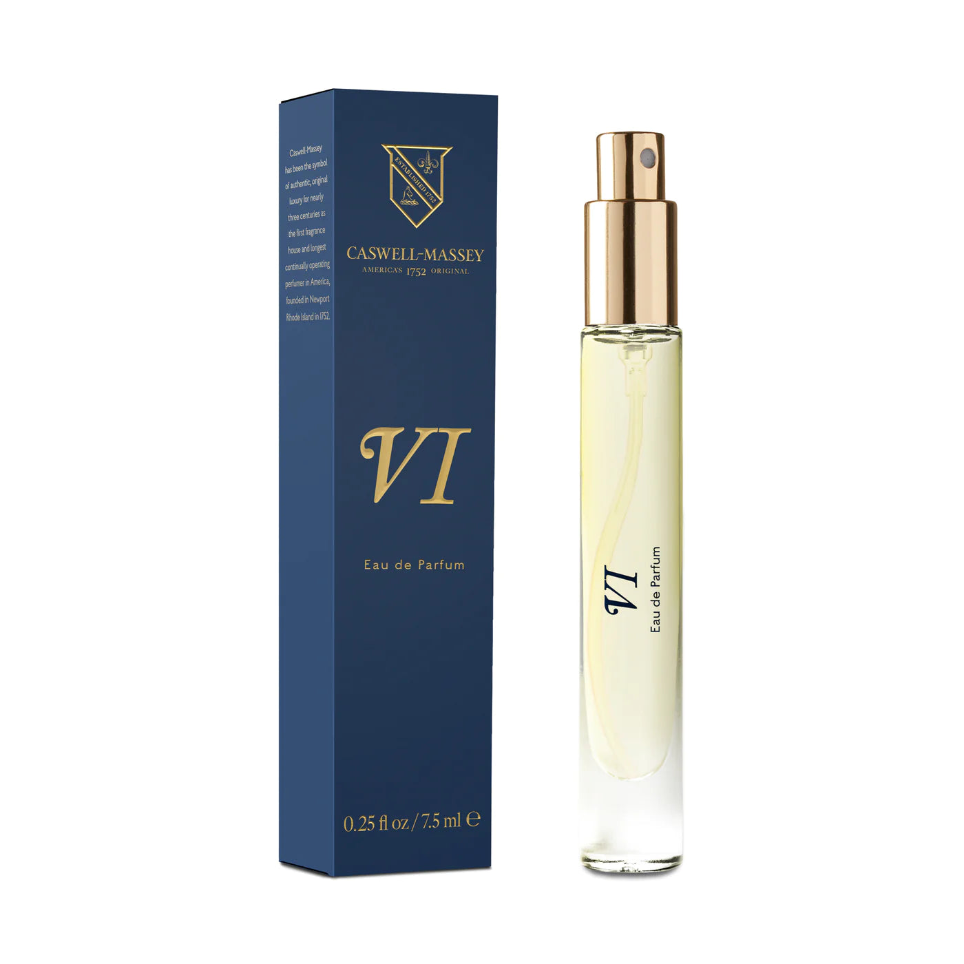 Caswell-Massey Number Six Eau De Parfum spray bottle and navy blue packaging box