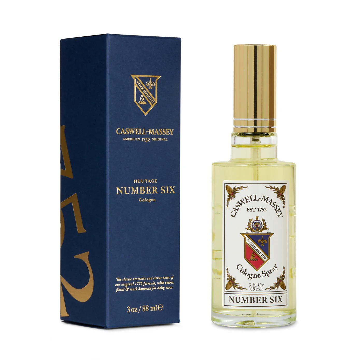 Caswell-Massey Number Six Eau De Parfum cologne spray bottle with blue and gold packaging
