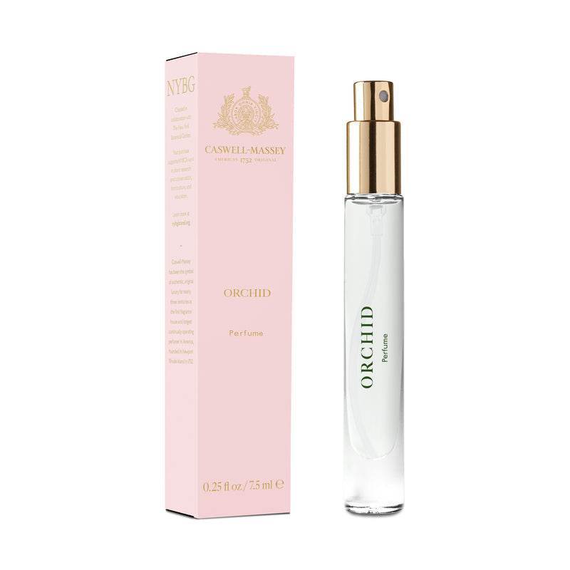 Caswell-Massey Orchid Eau De Parfum travel spray with pink box and gold spray top