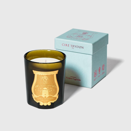 Trudon Abd El Kader Candle in a sleek green glass holder with a decorative gold emblem and matching box