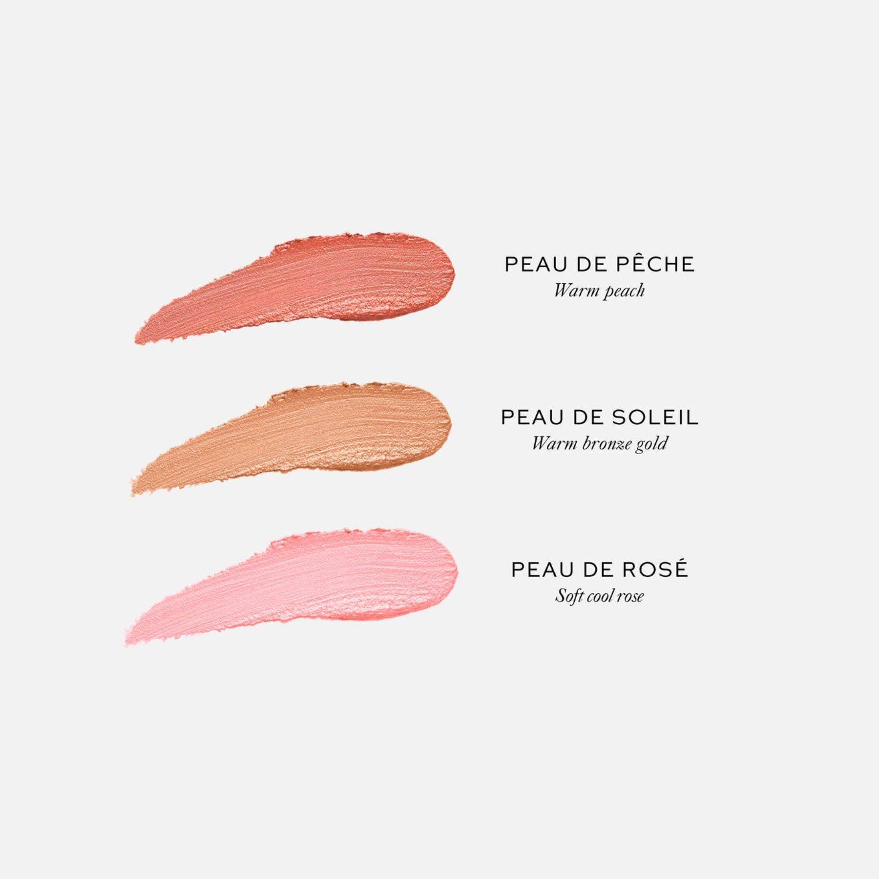 Westman Atelier Cream Highlight in Peau de Peche, Peau de Soleil, and Peau de Rose swatches for radiant skin