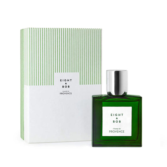 Eight & Bob Champs De Provence green perfume bottle with matching striped packaging box