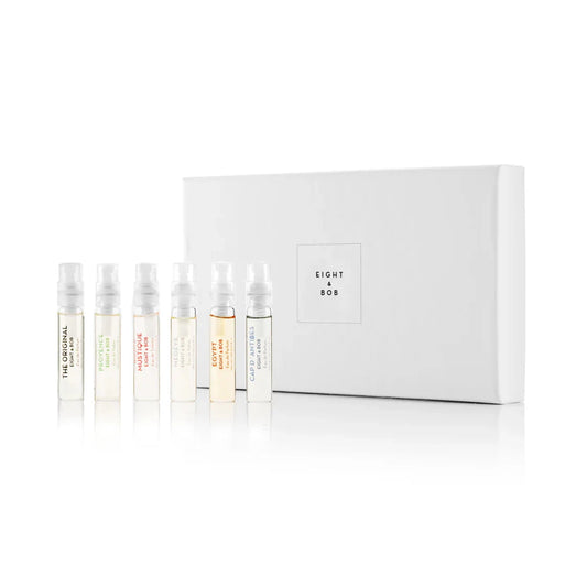 Eight & Bob Discovery Set featuring six sample fragrance vials with a white branded box