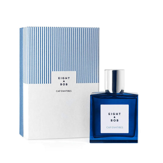 Eight & Bob Cap D'Antibes fragrance bottle with blue and white striped packaging