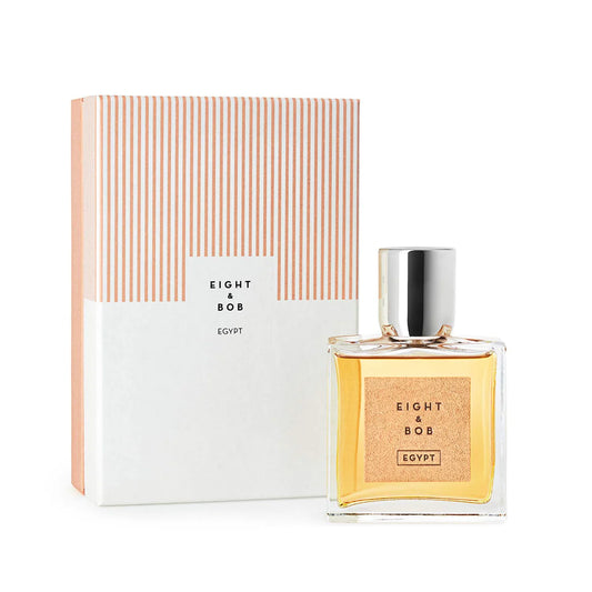 Eight & Bob Egypt fragrance bottle with gold label and matching striped white and gold box