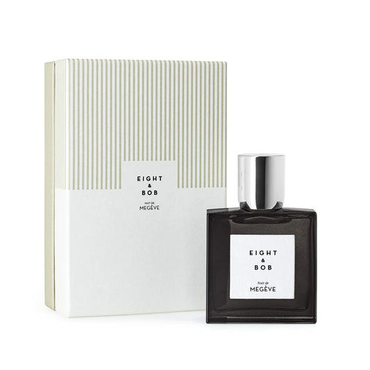 Eight & Bob Nuit De Megeve perfume bottle with silver cap and striped white packaging box