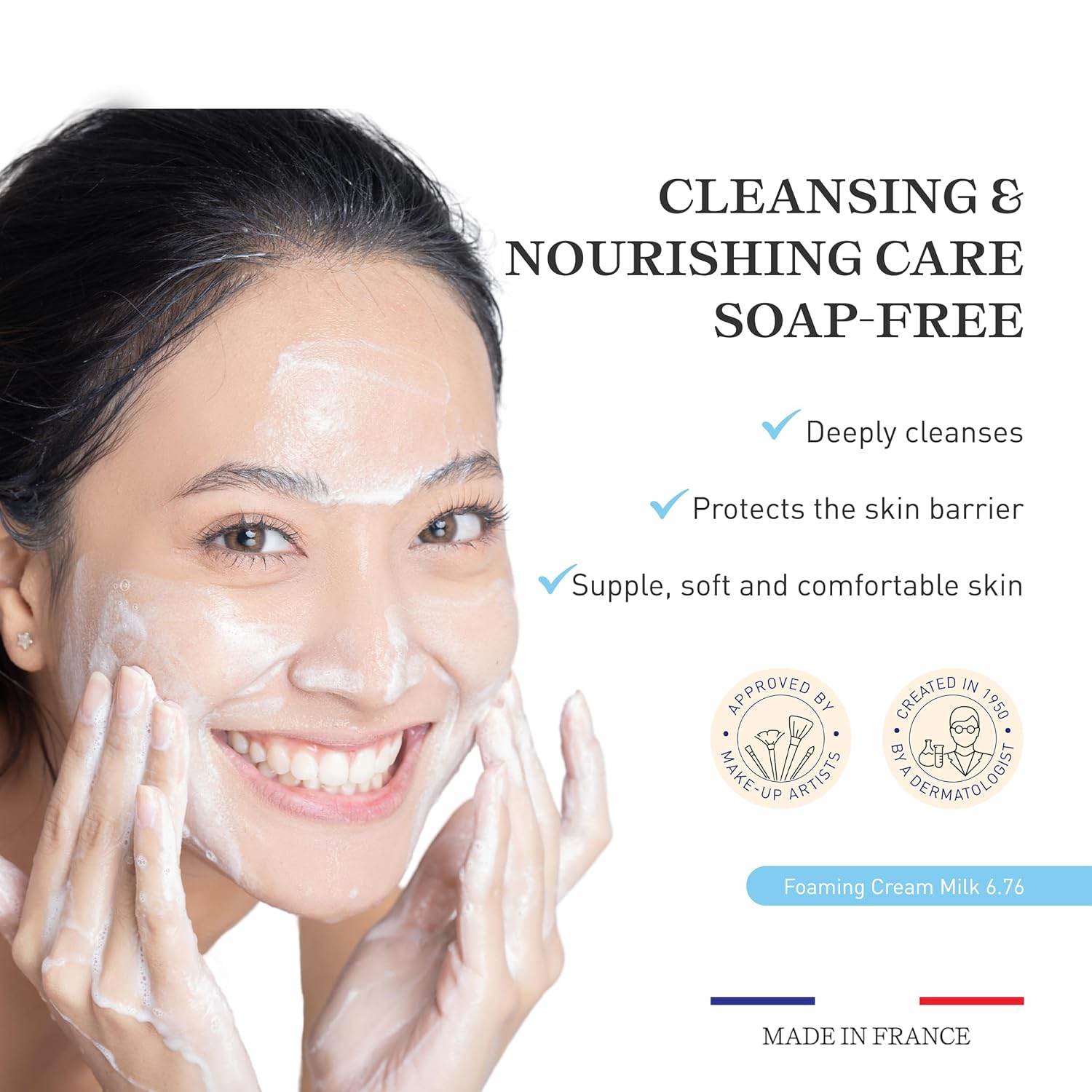 Embryolisse Foaming Cream Cleanser gently applied on smiling woman's face for cleansing and nourishing care