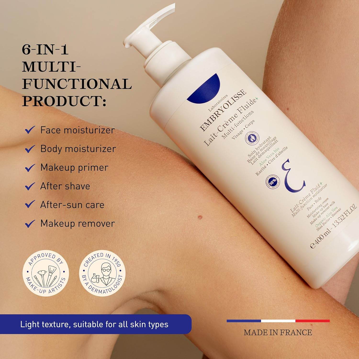 Embryolisse Lait-Creme Fluide 6-in-1 multi-functional moisturizer and makeup primer bottle on skin