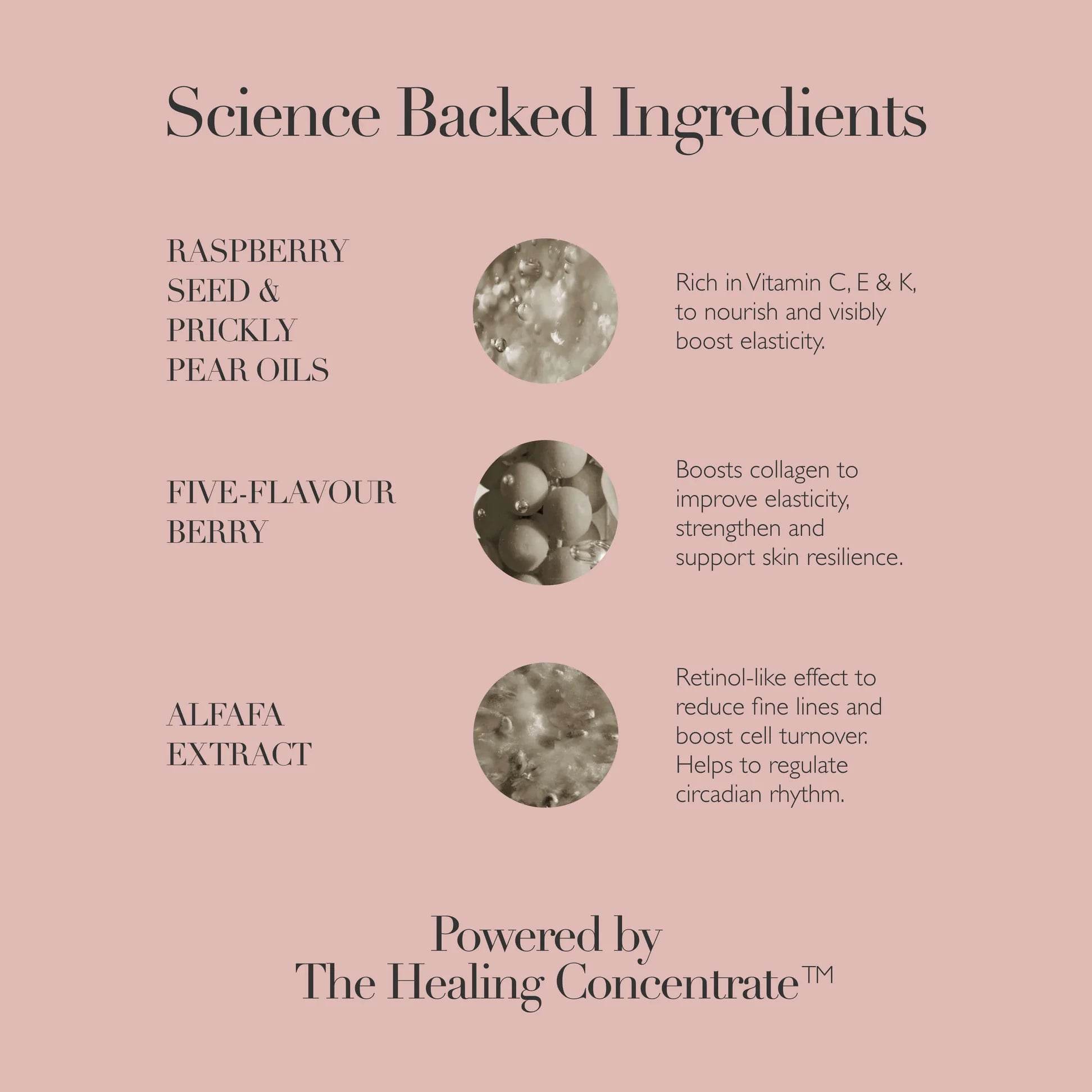 Omorovicza facial oil infographic showcasing science-backed ingredients for skincare benefits