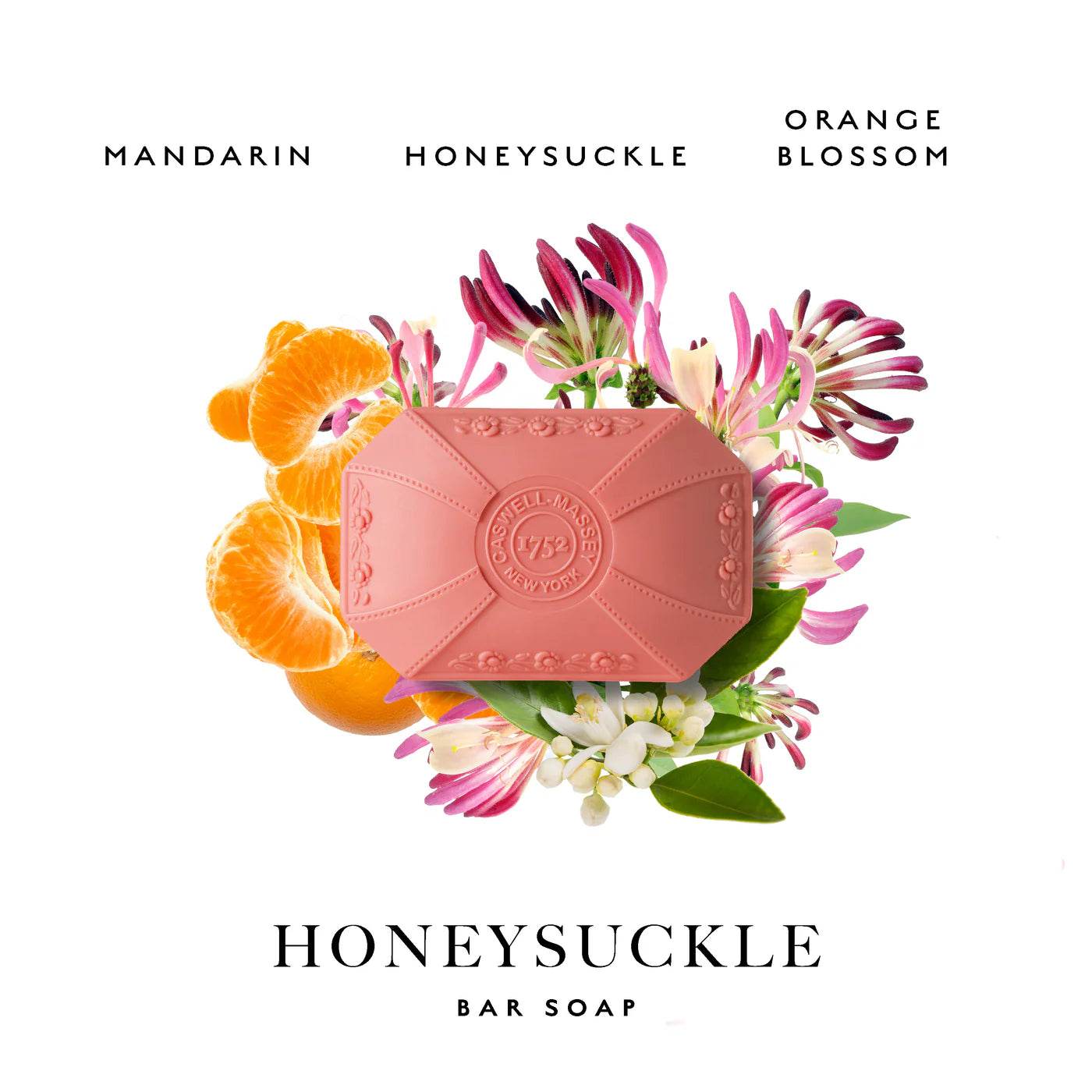 Caswell-Massey floral bar soap set featuring Honeysuckle, Mandarin, and Orange Blossom scents
