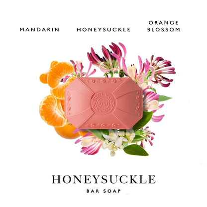 Caswell-Massey floral bar soap set featuring Honeysuckle, Mandarin, and Orange Blossom scents