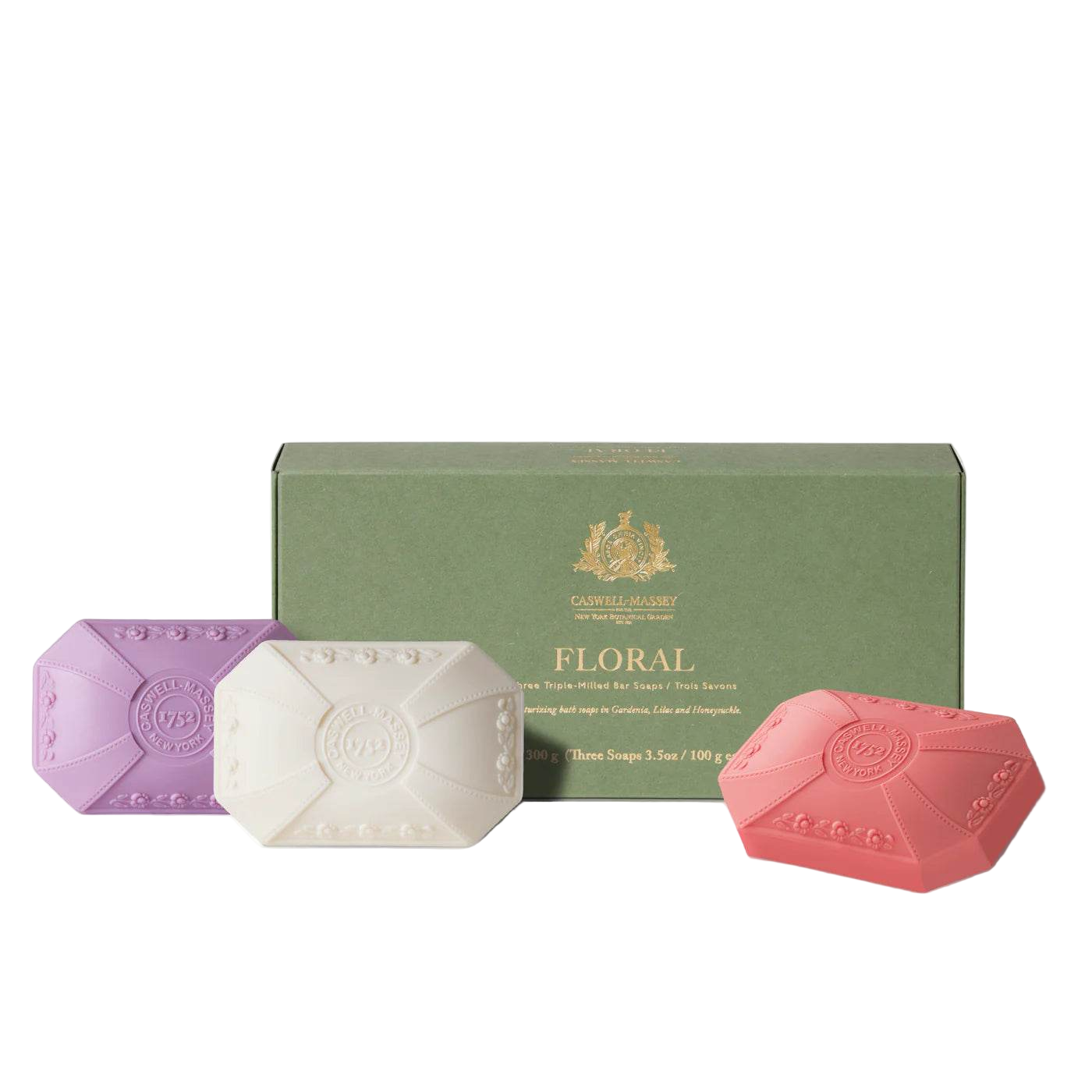 Caswell-Massey floral bar soap set featuring three elegant soaps in various colors and a stylish box