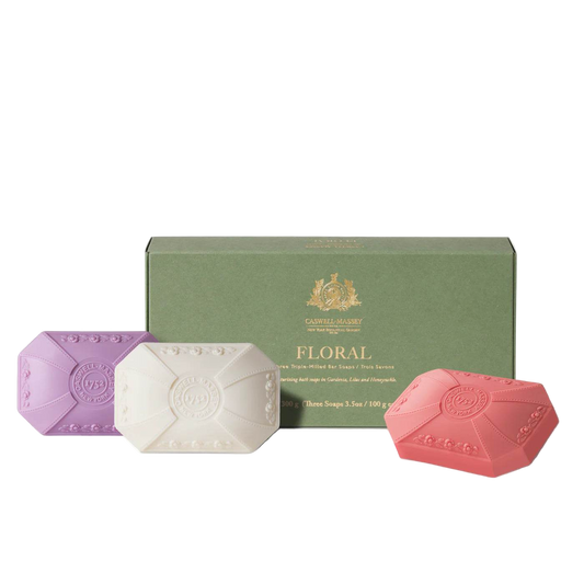 Caswell-Massey floral bar soap set featuring three elegant soaps in various colors and a stylish box