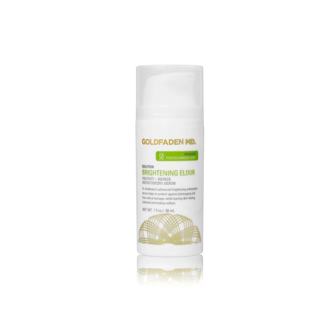 Goldfaden MD Brightening Elixir Hydrating Brightening Serum in white pump bottle for skin hydration