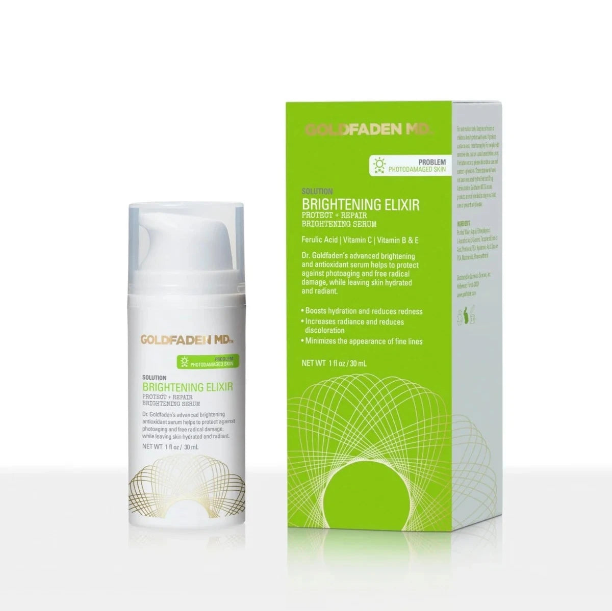 Goldfaden MD Brightening Elixir Hydrating Brightening Serum with Vitamin C in white and green packaging