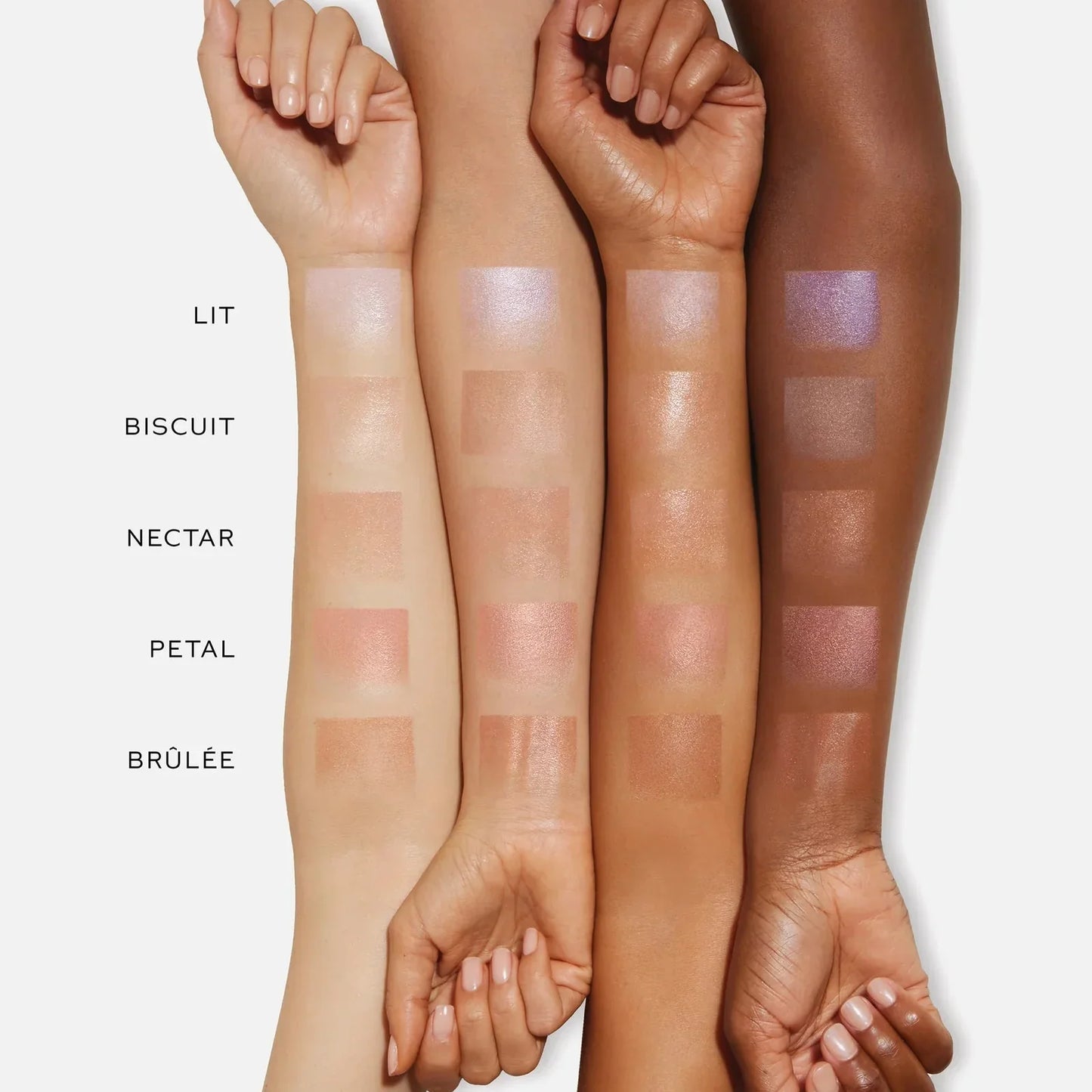 Westman Atelier Highlight Stick shades swatched on diverse skin tones for a luminous glow