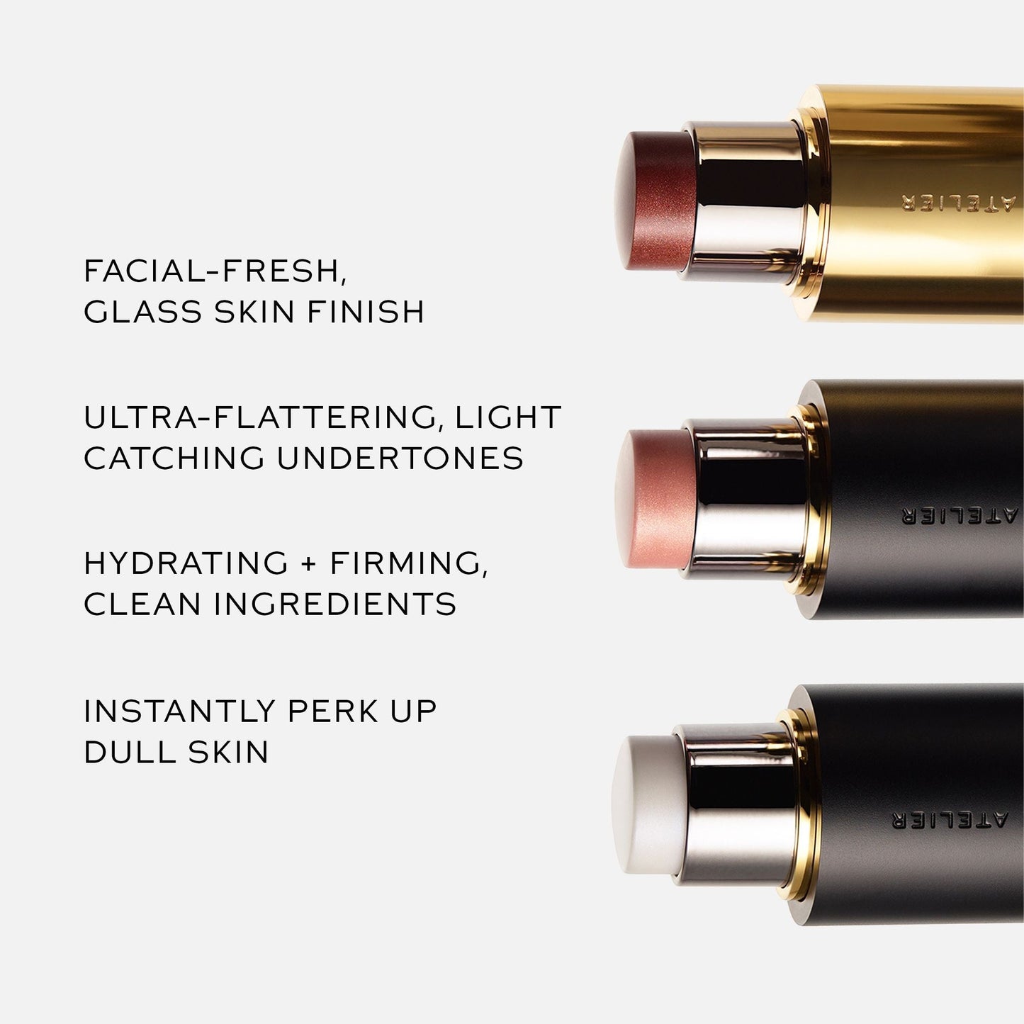 Westman Atelier Highlight Stick in three shades, offering hydrating and firming benefits for a glass skin finish