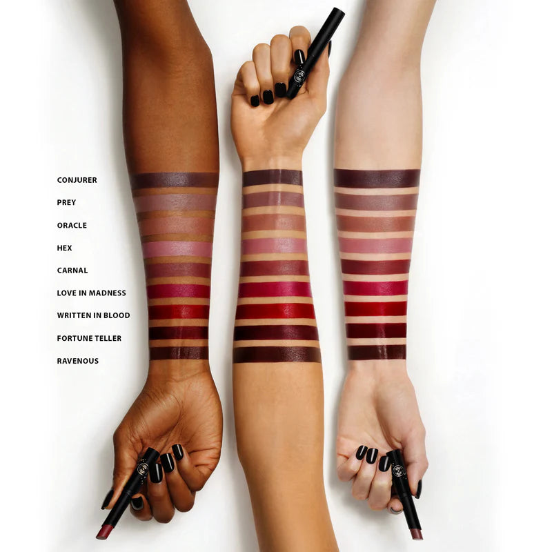Swatches of Rituel de Fille Lipstick shades on diverse skin tones showcasing rich colors and finishes