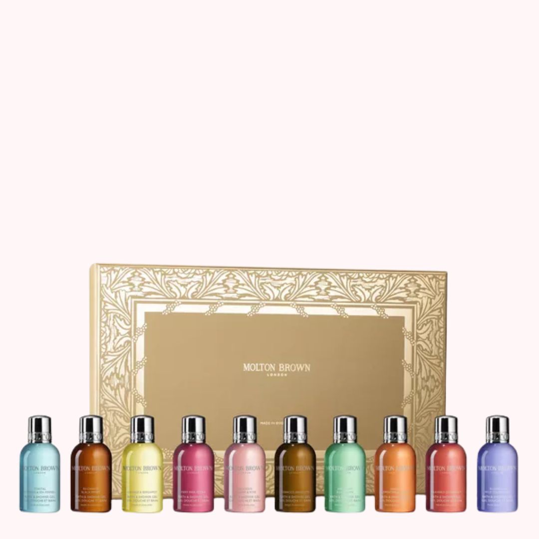 Molton Brown beauty stocking filler set featuring an assortment of luxurious shower gels in decorative packaging