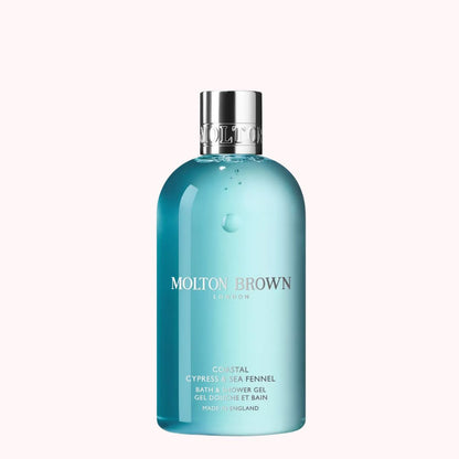 Molton Brown Coastal Cypress and Sea Fennel Bath and Shower Gel in a vibrant bottle for the limited edition festive beauty hamper