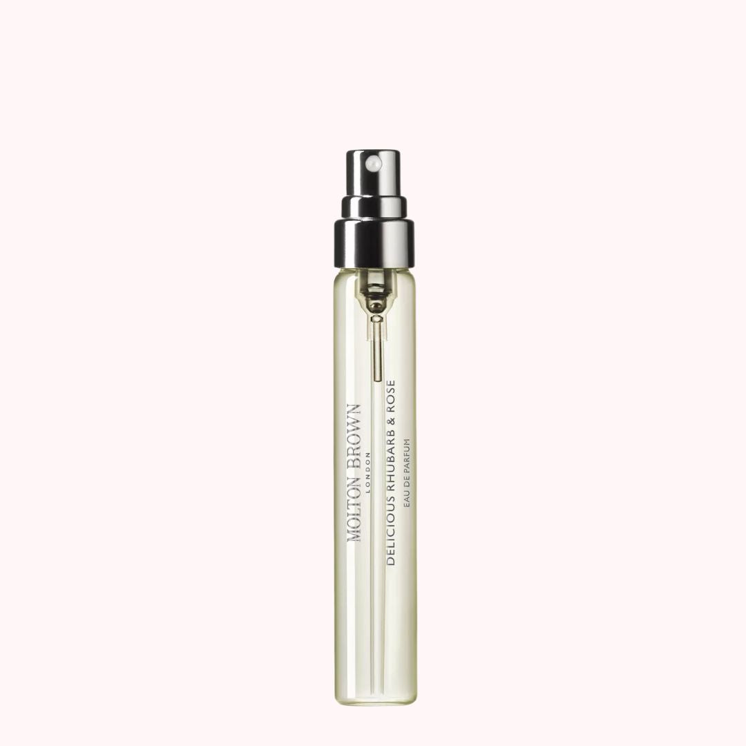 Molton Brown Delicious Rhubarb and Rose Fragrance Spray in a sleek bottle for the limited edition festive beauty hamper