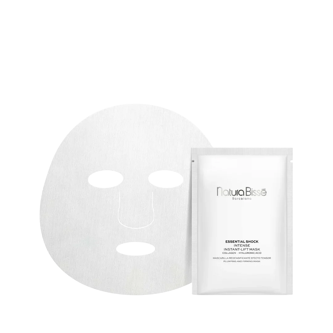 Natura Bissé Essential Shock sheet mask packaging with a facial mask for plumping and firming results