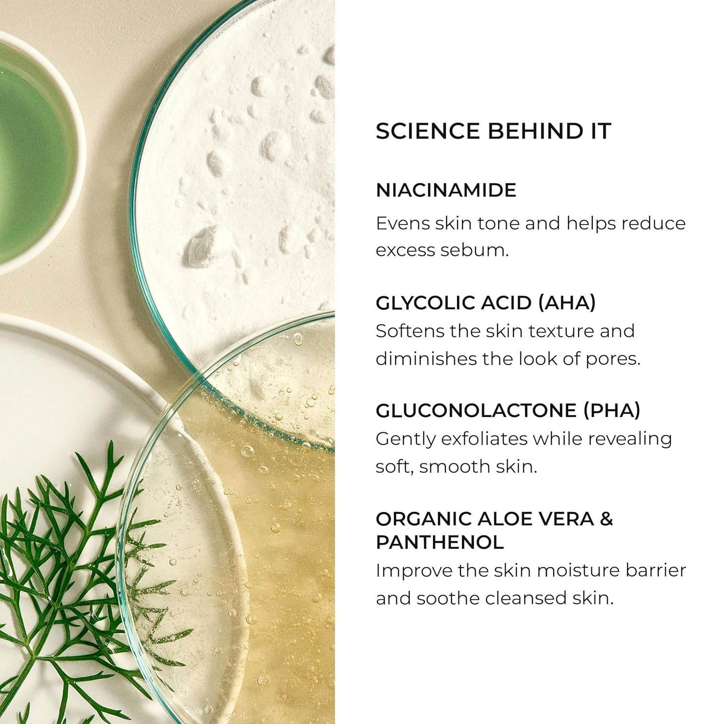 Natura Bisse Cleansing Exfoliating Gel ingredients showcasing niacinamide and organic aloe vera.