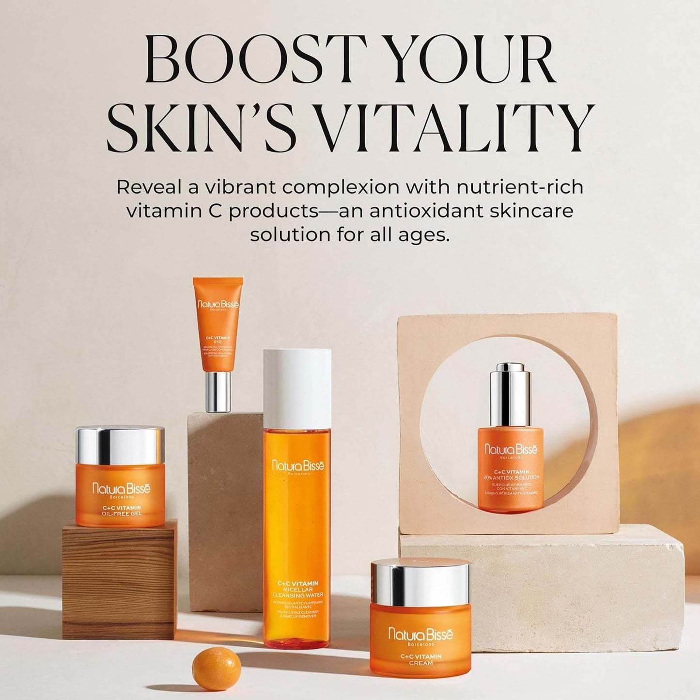 Natura Bisse Lightweight Firming Moisturizer displayed among vitamin C skincare products for vibrant skin health
