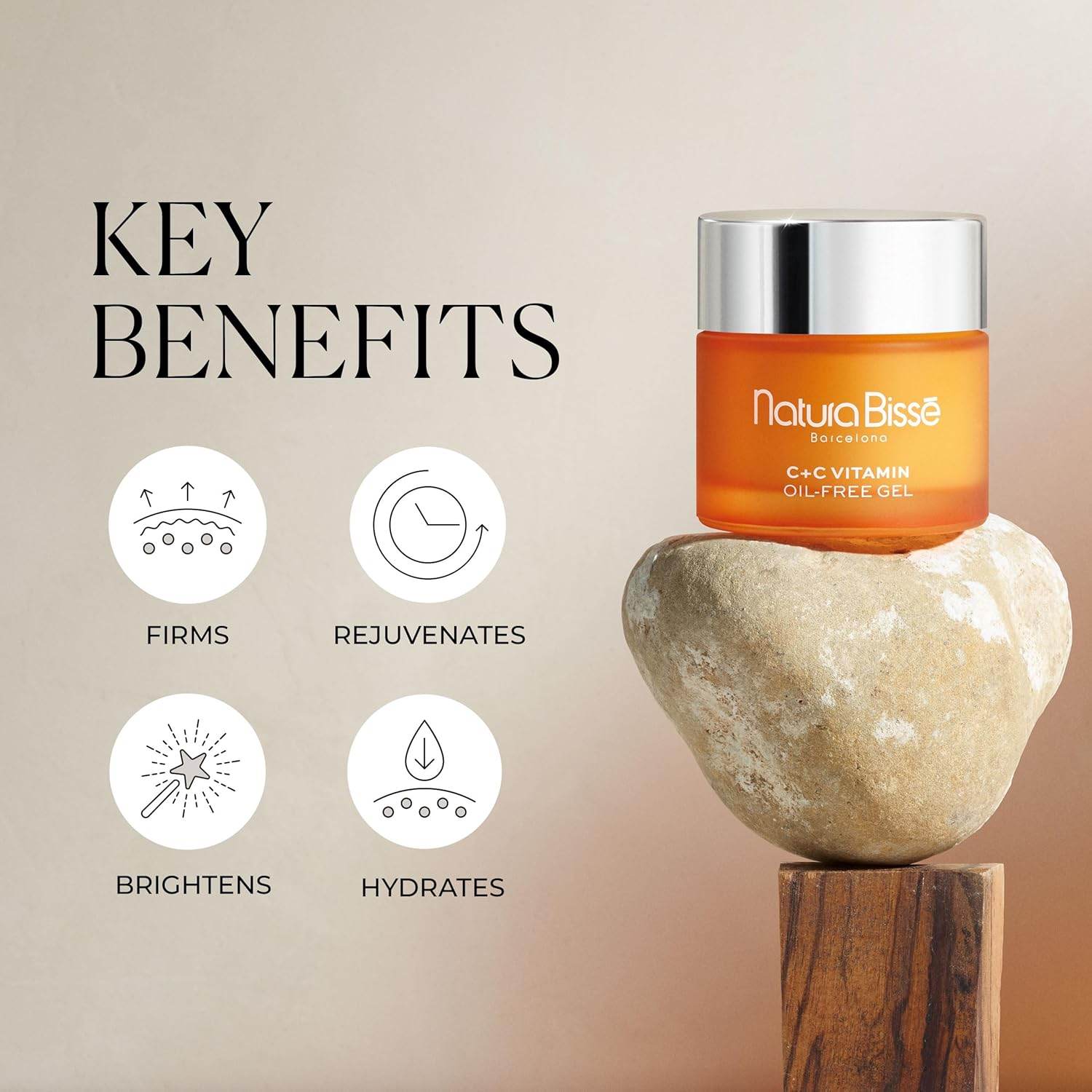 Natura Bisse Lightweight Firming Moisturizer in orange jar on a stone with skincare benefits highlighted