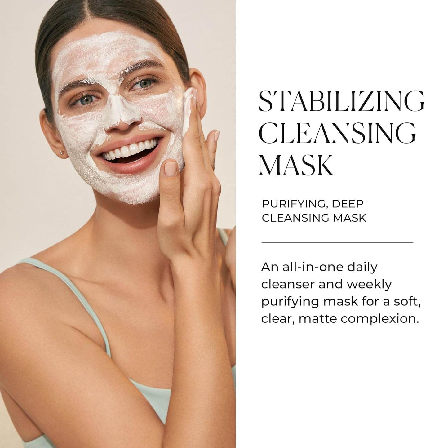 A woman applying Natura Bissé Stabilizing Purifying and Deep Cleansing Mask for clear, matte complexion