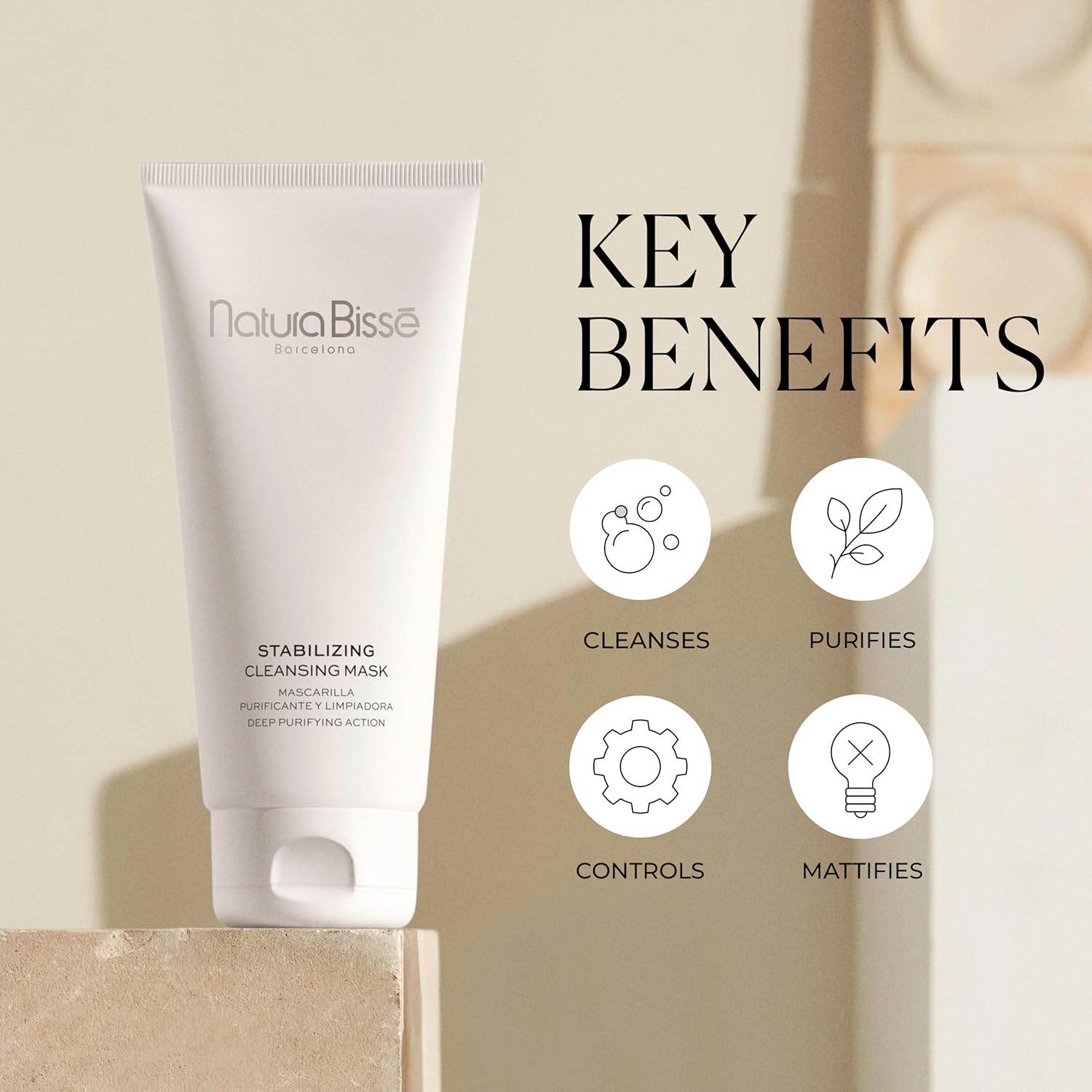 Natura Bissé Purifying and Deep Cleansing Mask in a sleek tube showcasing its key benefits