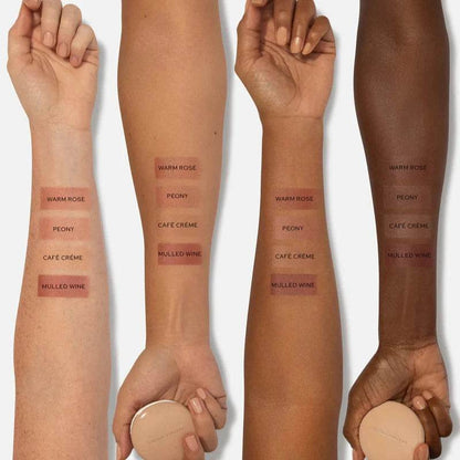 Westman Atelier Nude Lipstick Palette swatches on various skin tones with shade names visible