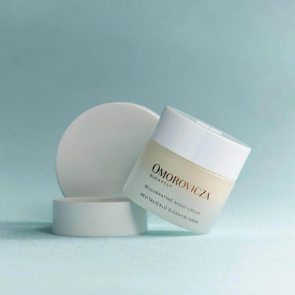 Omorovicza Rejuvenating Night Cream in a white jar for restoring skin while you sleep