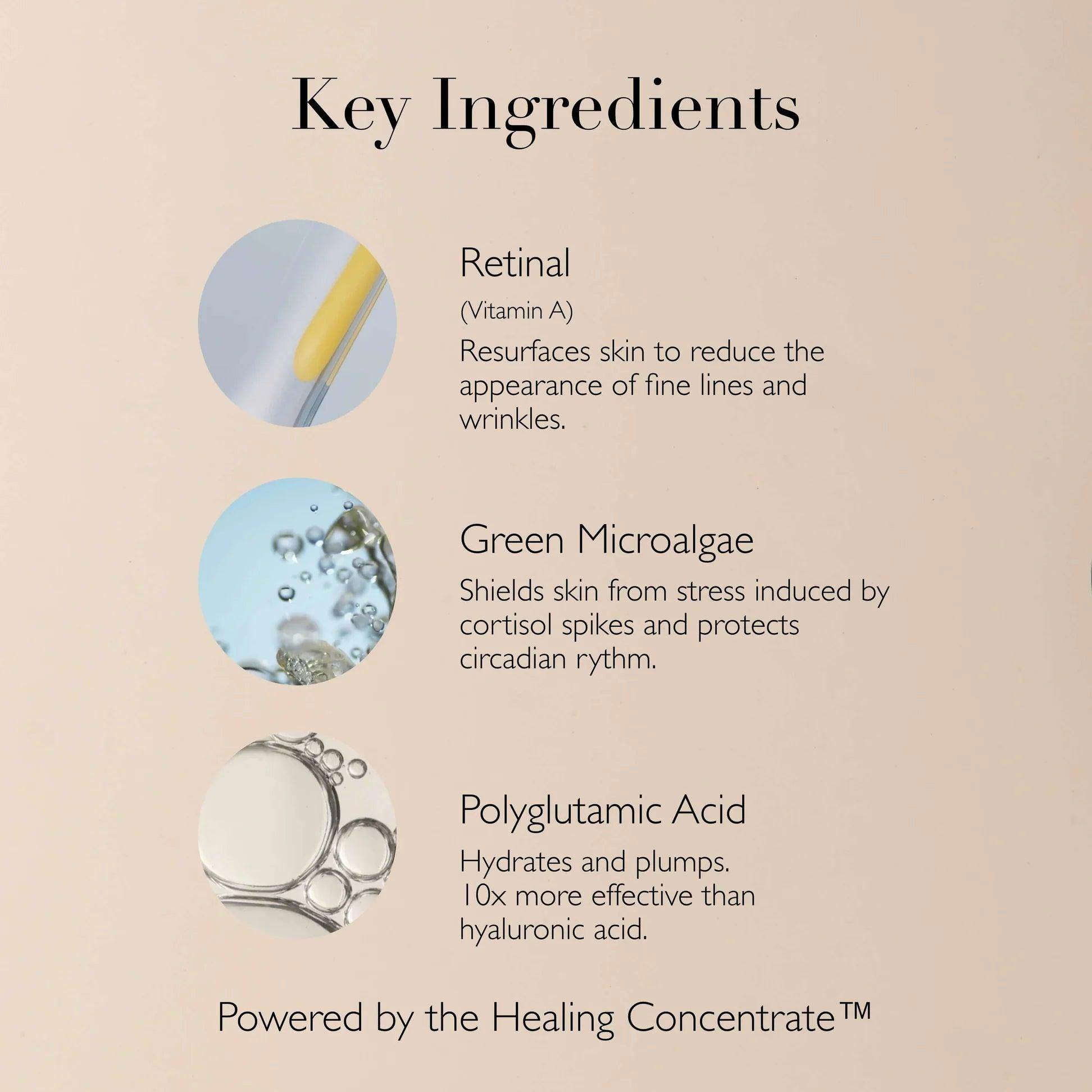 Omorovicza Retinal Serum with key ingredients: retinal, green microalgae, and polygutamic acid