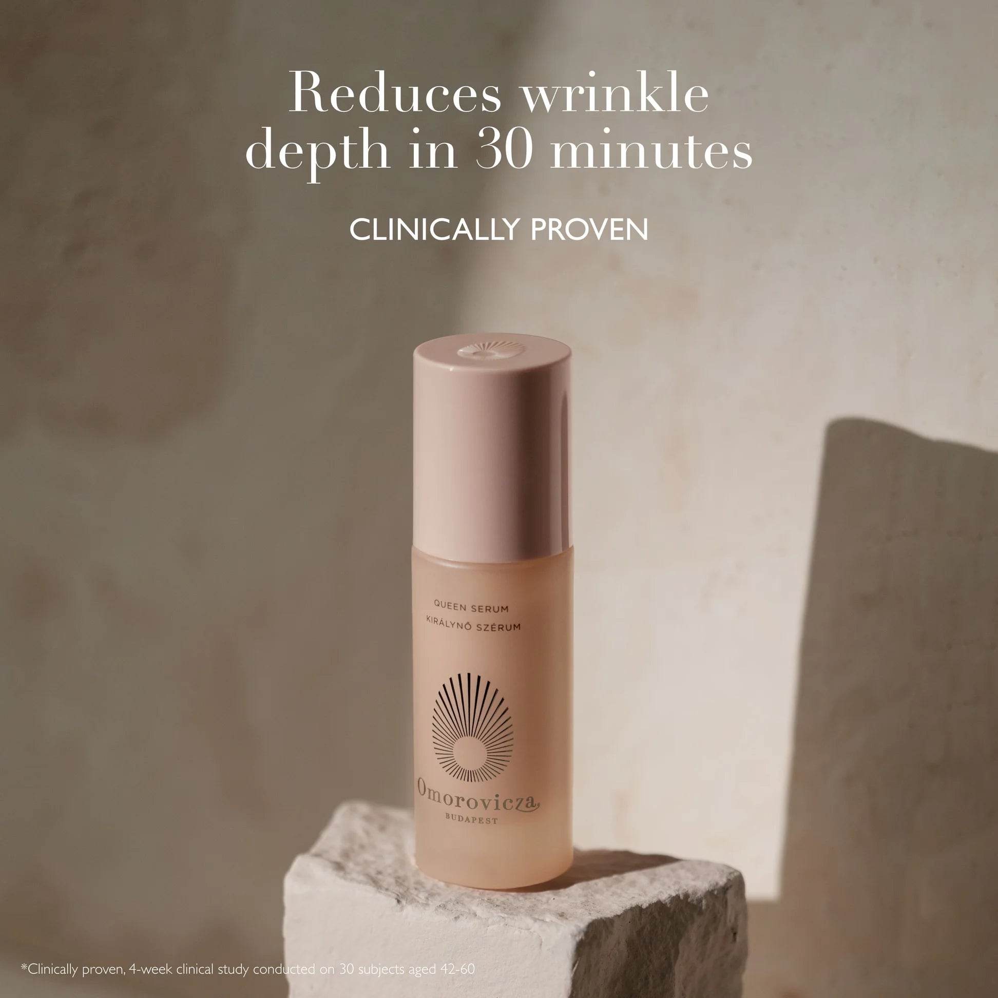 Omorovicza retinol alternative serum in a sleek bottle, reduces wrinkle depth in 30 minutes