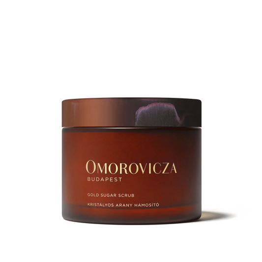Omorovicza Gold Sugar Scrub in a luxurious jar for exfoliating and rejuvenating skin