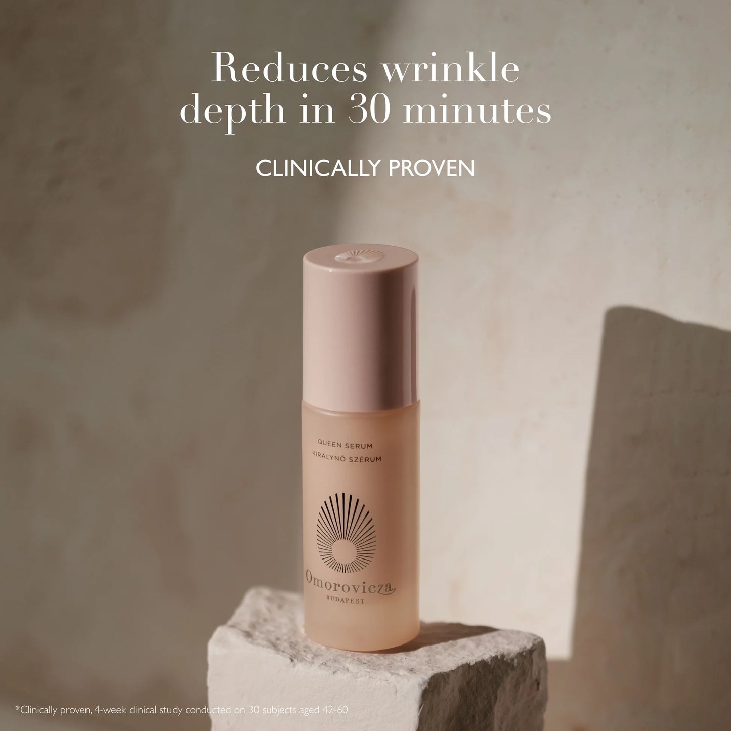 Omorovicza Wrinkle-Reducing Serum in a sleek bottle, clinically proven to reduce wrinkle depth in 30 minutes