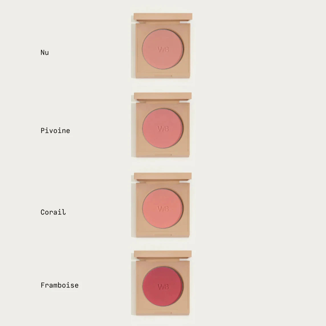 Four shades of Wonderblush Powder Blush: Nu, Pivoine, Corail, and Framboise in eco-friendly packaging