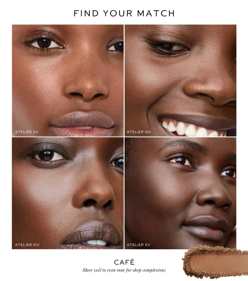 Westman Atelier Pressed Powder swatches for deep complexions in shades Café, XII, XIII, XIV, XV.