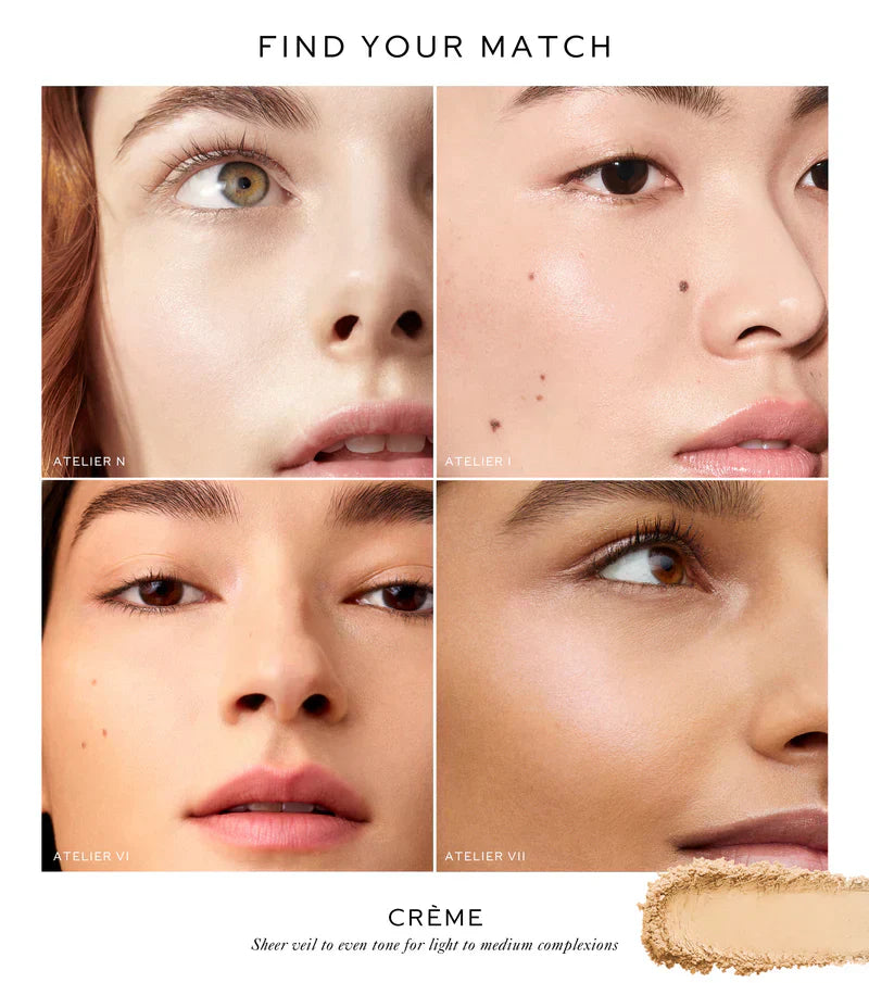 Westman Atelier Pressed Powder shades displayed on different skin tones for a perfect match
