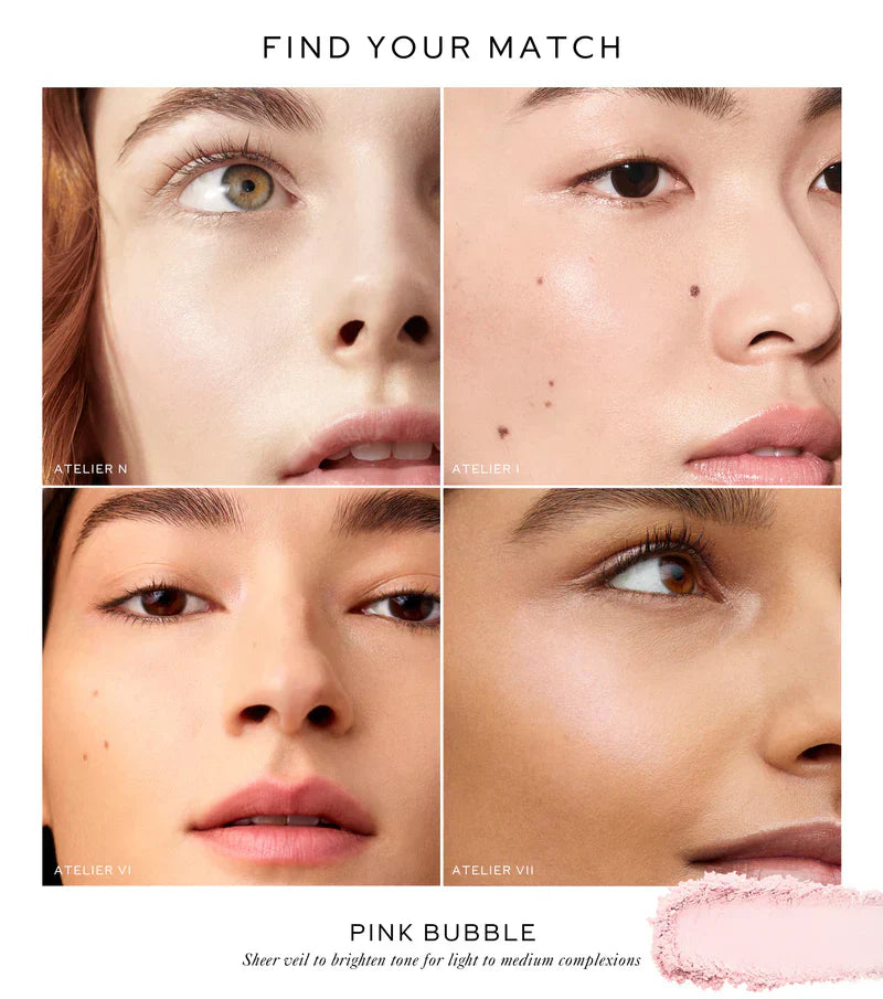 Westman Atelier Pressed Powder shades for various skin tones in a matching guide
