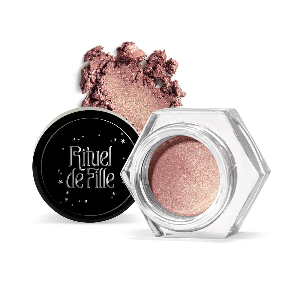 Rituel de Fille Cream Eyeshadow in a hexagonal jar with a shimmering rose shade and loose powder