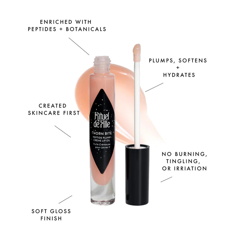 Rituel de Fille Lip Oil in a clear tube enriched with peptides for hydration and a soft gloss finish