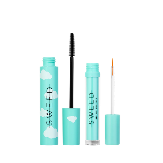 Sweed cloud mascara and eyelash serum set with turquoise packaging for enhanced lashes