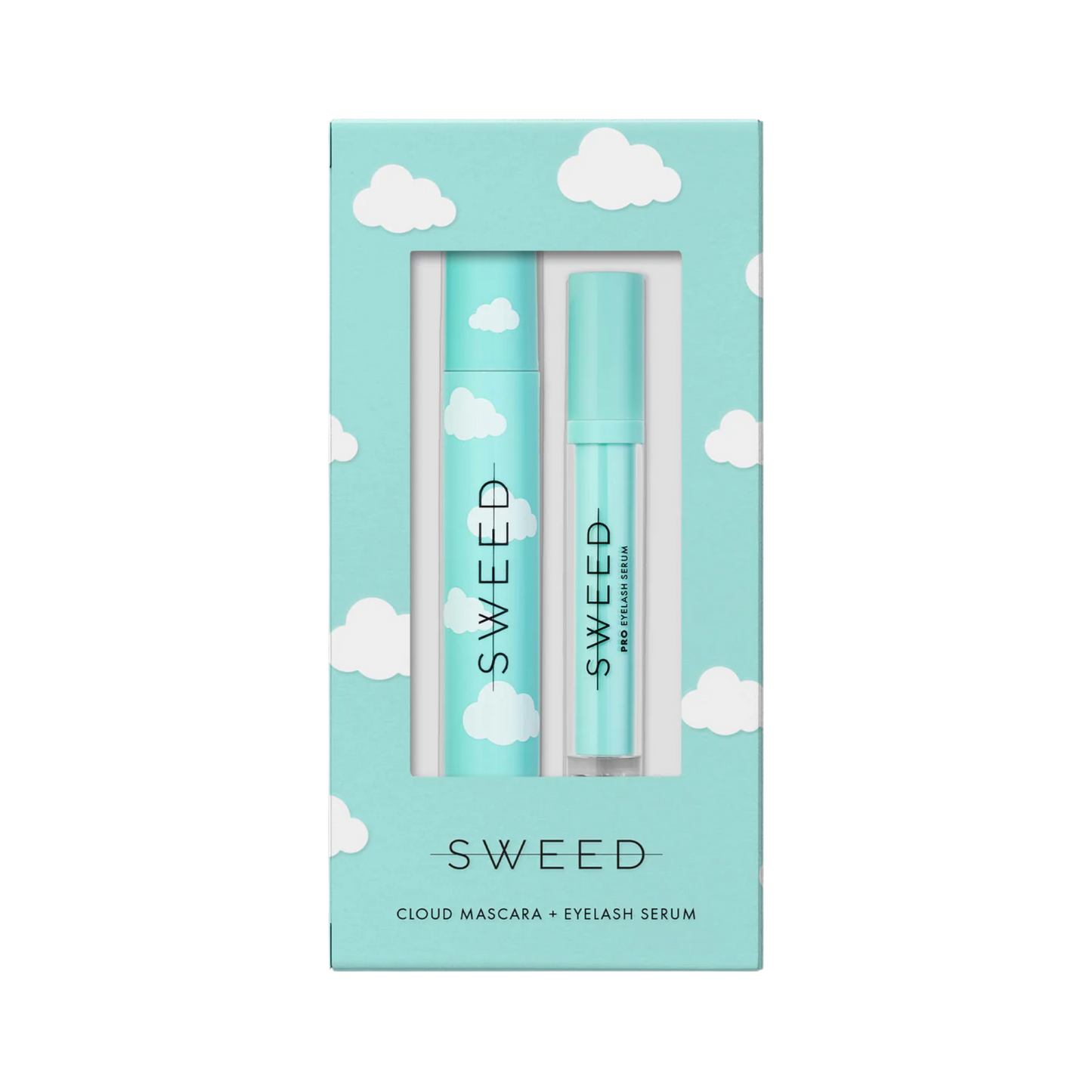 Sweed cloud mascara and eyelash serum set in a blue box with white cloud design