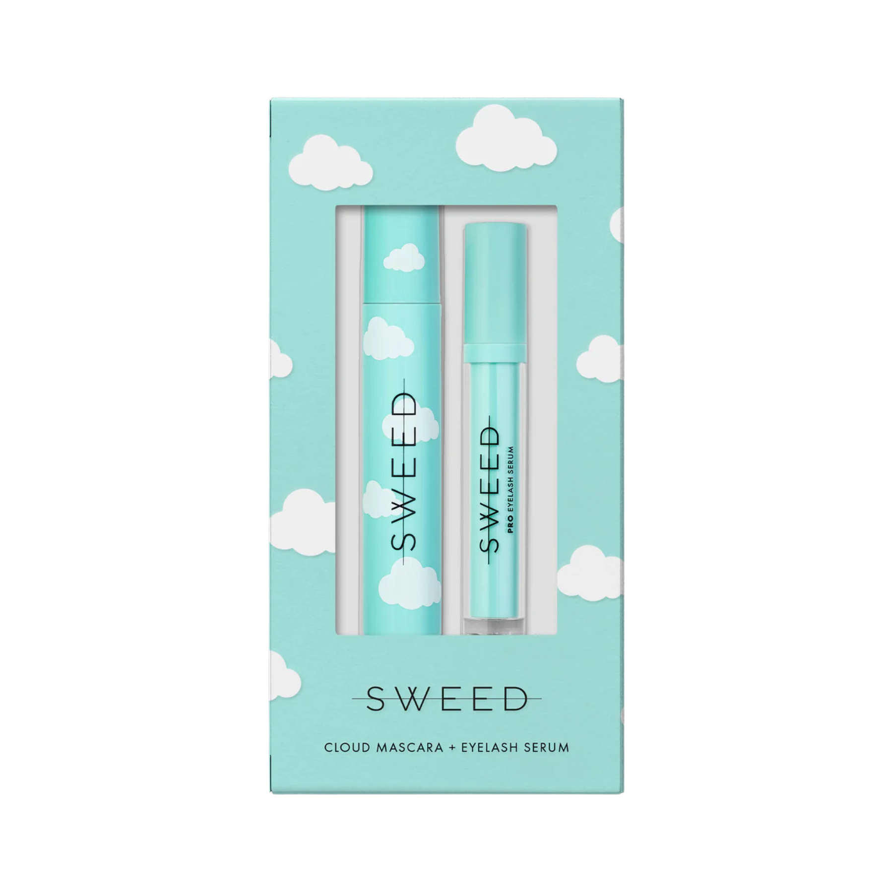 Sweed cloud mascara and eyelash serum set in a blue box with white cloud design
