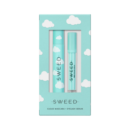 Sweed cloud mascara and eyelash serum set in a blue box with white cloud design