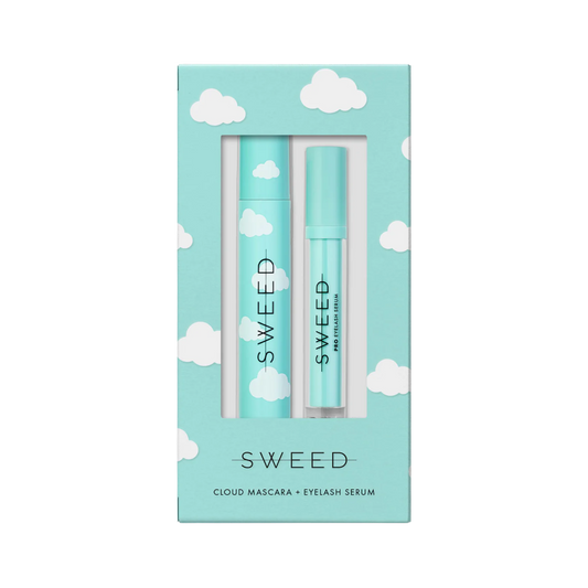 Sweed cloud mascara and eyelash serum set in a blue box with white cloud design