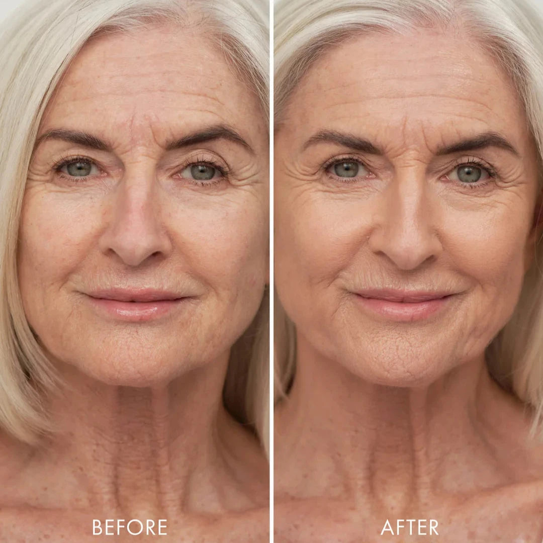 Before and after images showcasing the glass skin foundation effect on mature skin for a youthful glow