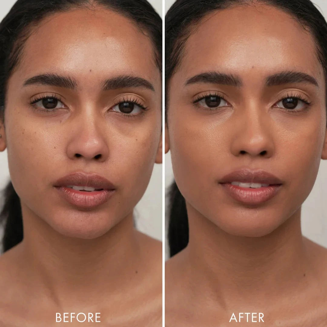 Before and after application of Sweed glass skin foundation showcasing radiant, smooth skin transformation